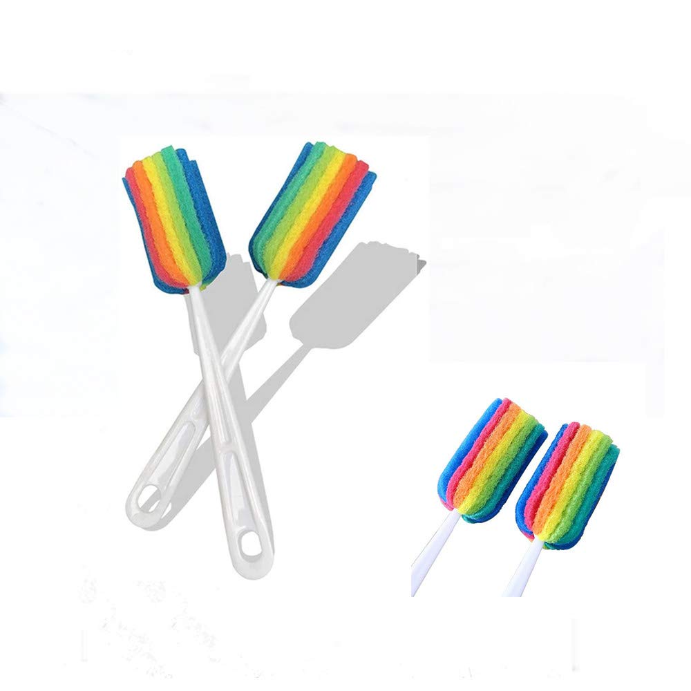 2PCS Soft Hanging Sponge Cleaning Brush,Multi-Purpose Versatile Cleaning Brush Set with Plastic Long Handle Cup Feeding Bottle Scrubber (Rainbow colors) (Rainbow colors)