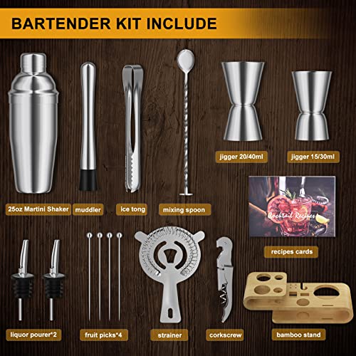 Cocktail Shaker Set With Stand, 15Pcs Bartender Kit Professional Home Bar Tools Set, 24Oz Martini Shaker, Mixing Spoon, Muddler, Measuring Jigger, And More Bar Accessories #TOP1