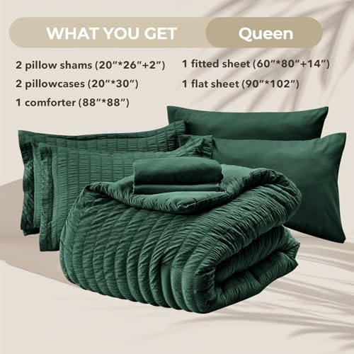 Image of HYMOKEGE Emerald Green Queen Comforter Set Seersucker 7 Pieces, All Season Luxury Bed in a Bag Queen for Bedroom, Bedding Set with Comforter, Sheets, Pillowcases & Shams