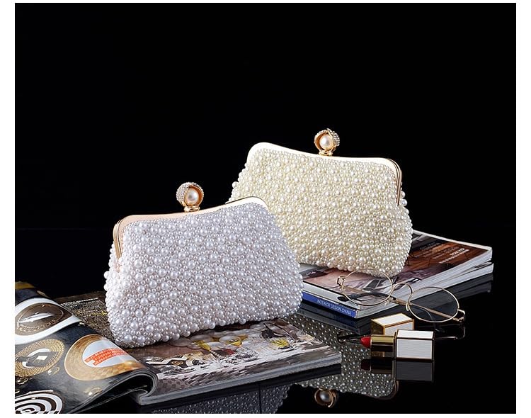 Image of Women Pearl Evening Bag Bride Beaded Clutch Purse Cream White for Wedding Party