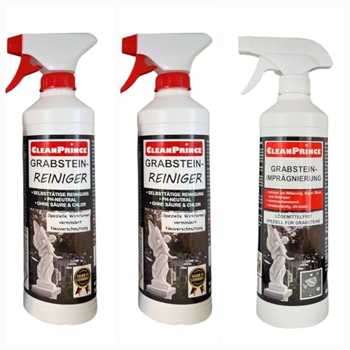 Cleanprince 3 Unidad Lápida Cuidado Set de = 2 X Tumba 500ML y 1 X Grabstein-Imprägnierung,Limpiador Lápidas Elimina Musgo Algas Piedra Natural,Excrementos Pájaros Verdete Depósitos Tiempo en,Polen