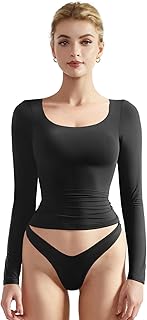 SUUKSESS Camisetas básicas ajustadas de doble forro para mujer, cuello redondo, manga larga