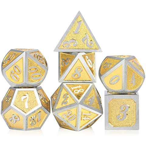 Metal Dungeons and Dragons Dice Set , DNDND 7 Rubbed Edge Die with Gift Metal Case for DND(Rubbed Edge with Gold) Cover