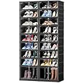 BROVIEW Plastic Shoe Storage Organizer Boxes 9 Tiers 36Pairs, Large Shoe Rack for Closet Entryway, Portable Foldable Shoe Storage Container Sneaker Cabinet Bin with Doors, Black
