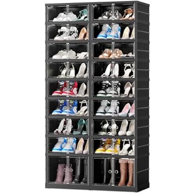 BROVIEW Plastic Shoe Storage Organizer Boxes 9 Tiers 36Pairs, Large Shoe Rack for Closet Entryway, Portable Foldable Shoe Storage Container Sneaker Cabinet Bin with Doors, Black