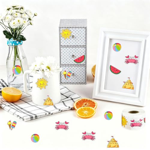 500 Pcs Summer Stickers Roll 1in Sandy Beach Theme Self Adhesive Waterproof Cartoon Sticker Tags for Water Skateboard Laptop Bike Phone Case Suitcase Scrapbook Journal Envelope DIY Craft Decals - Image 3