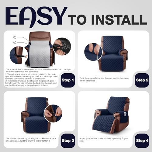 Image of KinCam 100% Waterproof Recliner Chair Cover, Reclining Couch Covers for Pets, Dogs, Recliner Couch Slipcover Furniture Protector with Elastic Straps for Kids(30 inch, Dark Blue)