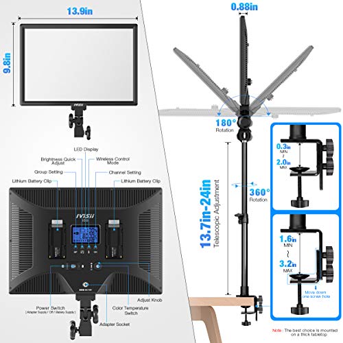 IVISII Desk Mount LED Video Light Kit, 2-Pack Photography Lighting with C-Clamp Stand, Dimmable Bi-Color 3000K-8000K Panel Light for YouTube TikTok Game Live Stream Video Conference - Thumbnail 4
