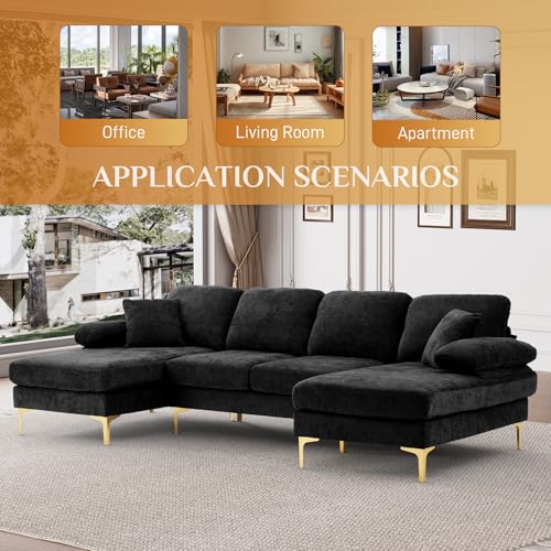 Image of OUYESSIR 112 inch Cloud Sectional Sofa with Extra Deep Seat,U Shaped Sectional Couches for Living Room,4 Seater Chenille Sofas & Couches,Modern Apartment Couch with Double Chaise Lounge, Black