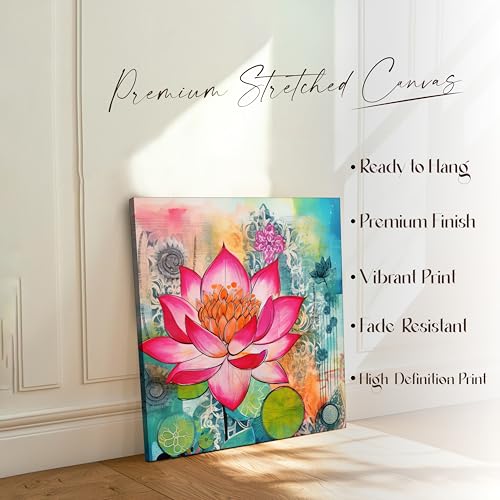 Image of PAINTINGMANTRA Multicolor Abstract Stretched Canvas Lotus Wall Art Painting for Living Room Bedroom Office - Pink Green Orange Gallery Wrap Frameless Canvas Wall Decor Painting (56x56 cm)
