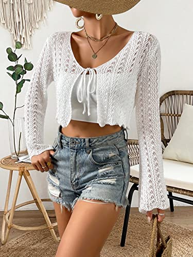 Verdusa Women's Tie Front Bell Long Sleeve Crop Cardigan Lightweight Scalloped Knit Tops3