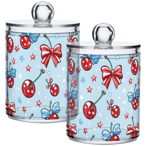 Gredecor 4 Pack Qtip Holder Clear Red Blue Bows Cherry Stars (13) Apothecary Jars with Lids Acrylic Bathroom Jars Vanity Countertop Canister Storage Organizer for Cotton Ball,Swabs,Pads,Floss