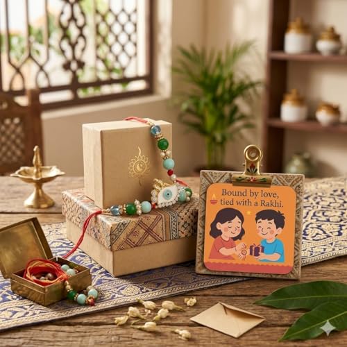 Image of SAUDEEP INDIA Decorative Fridge Magnet for Refrigerator Decor | Free Evil Eye Rakhi for Brother | Raksha Bandhan Gift Combo Set | Cotton Thread Rakhi for Bhai Bhaiya | Festive Home Decor Item(Model 5)