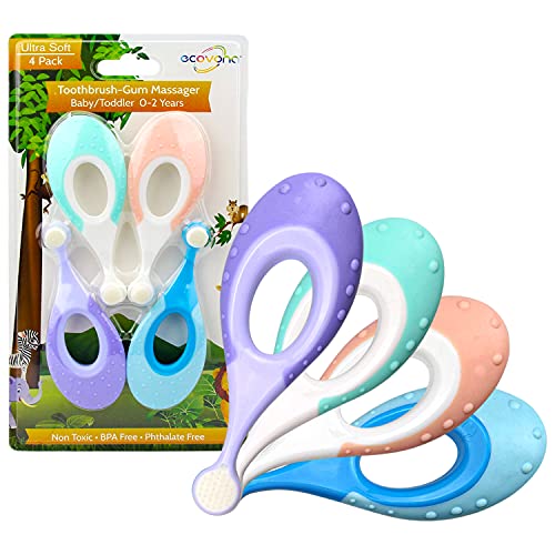 Best Baby Toothbrush Ecovona Baby Toothbrush & Toddler Toothbrush for Age 0-2 Years Old | Extra Soft Bristle for Baby Teeth & Infant Gums | BPA-Free, Easy-Grip Finger Handle & Teething Pad | Dentist Recommended | 4-Pack