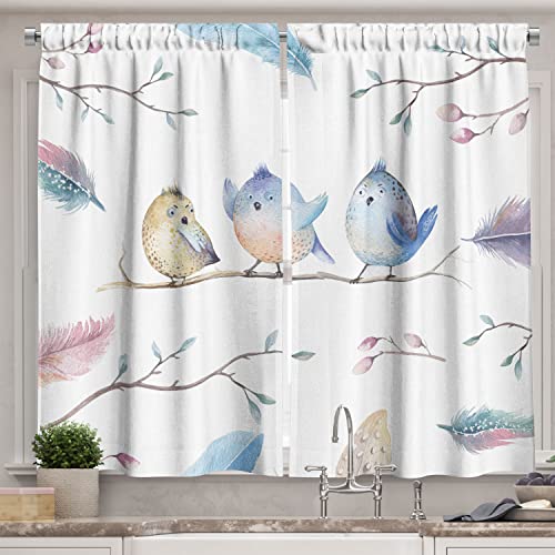 Ambesonne Animal Long Kitchen Curtains, Hand Drawn Birds Sitting on