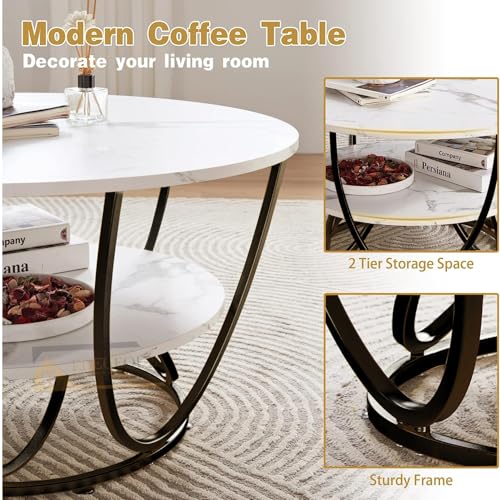 Image of Round Coffee Tables Accent Center Table Sofa Side Tea Table with 2-Tier Storage for Living Room Office Desk Balcony Wood Desktop and Metal Legs (Black and White)