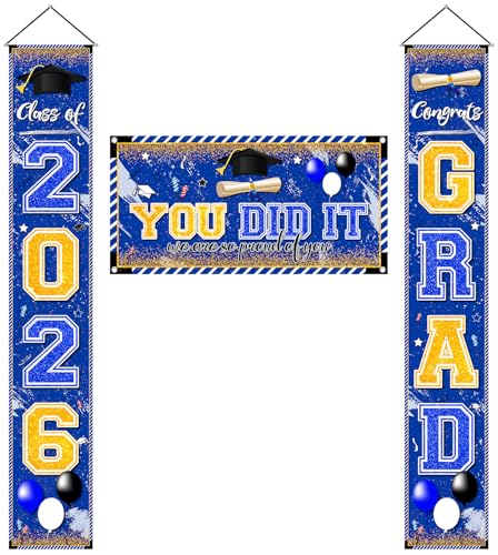 Blue and Gold Graduation Decorations Class of 2026 Graduation Banner Congrats Grad Class of 2026 Porch Sign Banner and You Did It Backdrop for Grad Party Decorations 2026