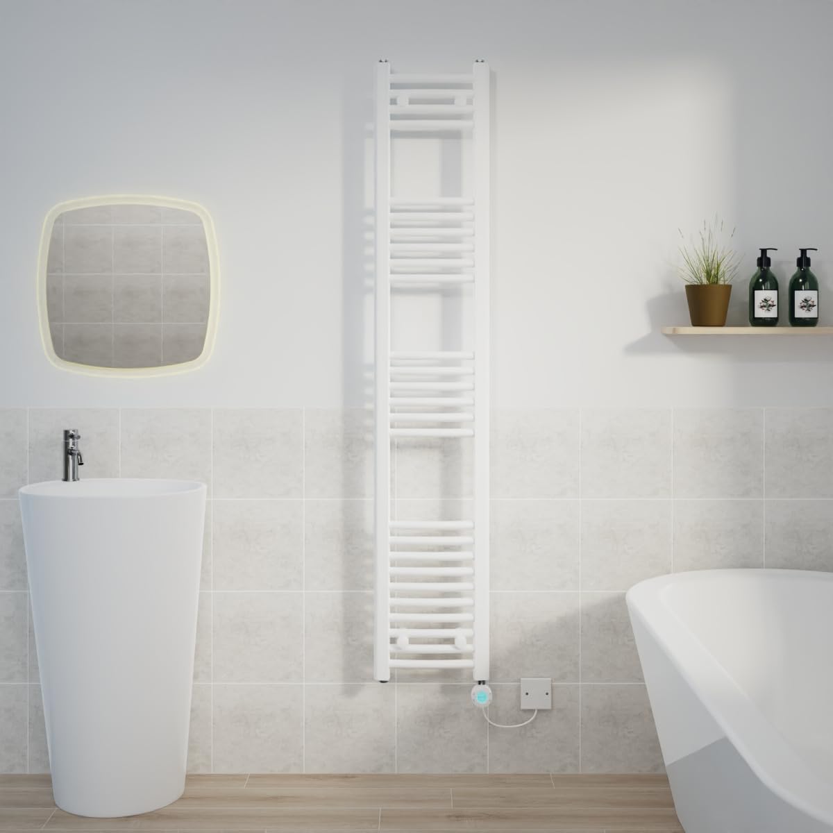 Warmehaus Electric Heated Towel Rail Curved White Thermostatic Bathroom Towel Radiator with Timer - 1600x300mm 800W