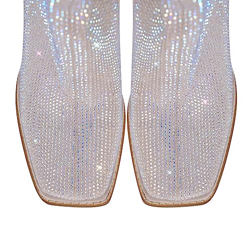 richealnini Women's Rhinestone Knee High Boots with Zipper Side Zip Up Low Platform Heel Square Toe Chunky Block Heeled Boots3