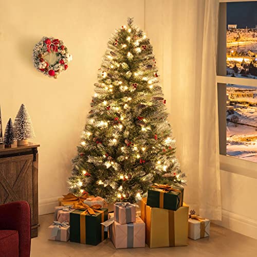 Naomi Home 45ft Vancouver Pre Lit Artificial Christmas Tree with Pine Cones Faux Berries Foot Pedal 398 Branch Tips 200 Warm Lights and Metal Stand 33 wide