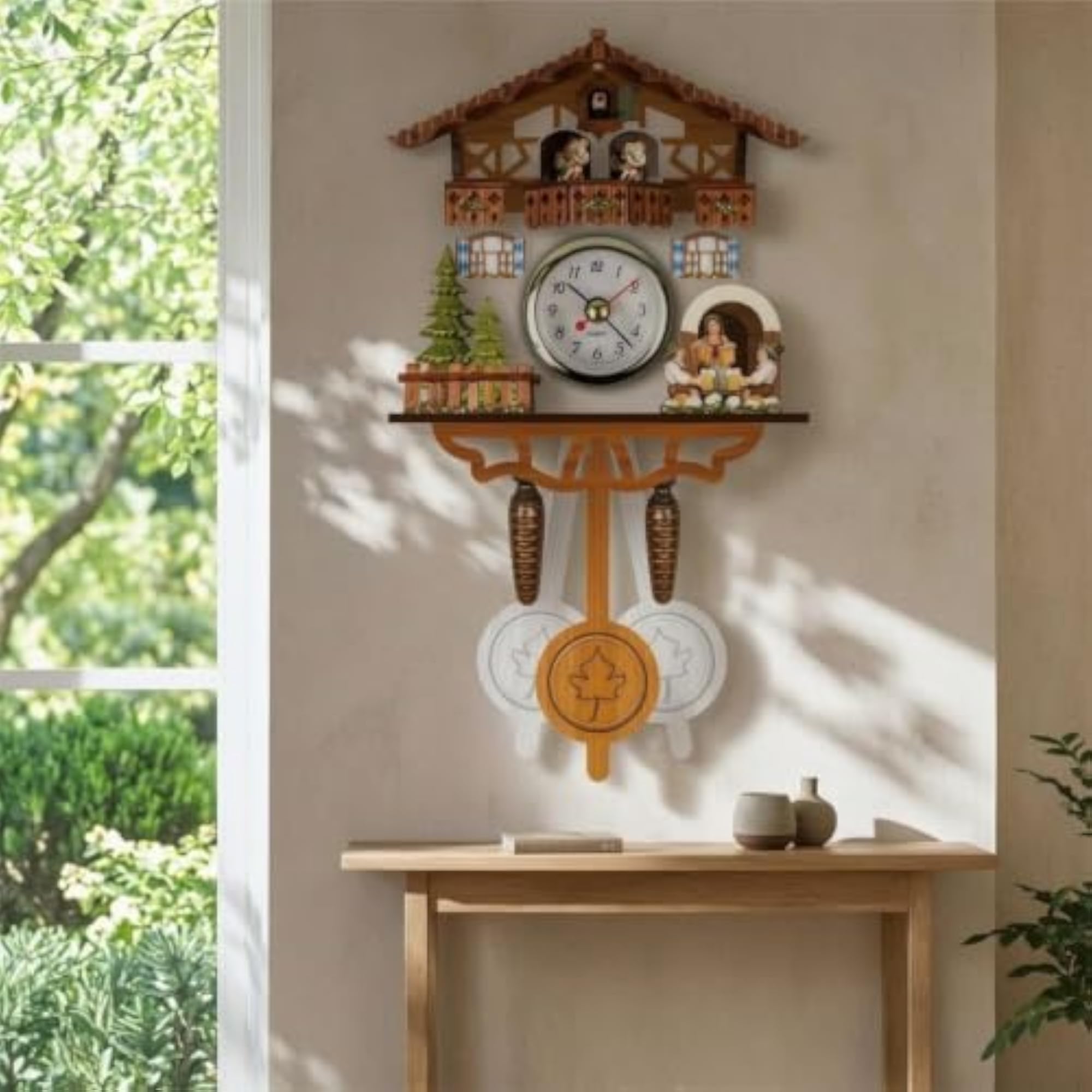 Wooden Cuckoo Clock with Pendulum, Rustic Vintage Design