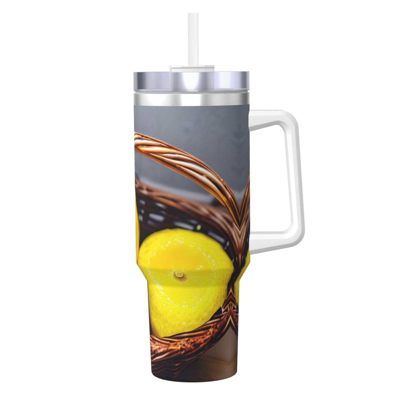 One Basket Trinkflasche aus Edelstahl, doppelwandig, isoliert, mit Griff und Strohhalm-Deckel, 1,2 l, Zitronengelb
