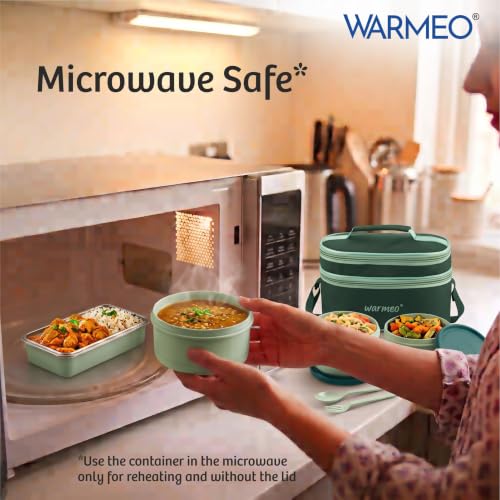 Image of WARMEO Micro Meal Microwave Safe Lunch Box | 1 Rectangular Container 600ml + 2 Round Container 350ml Each | BPA Free I Stylish Durable Jacket I Ideal for Office,School,Outdoor, Picnic,Green