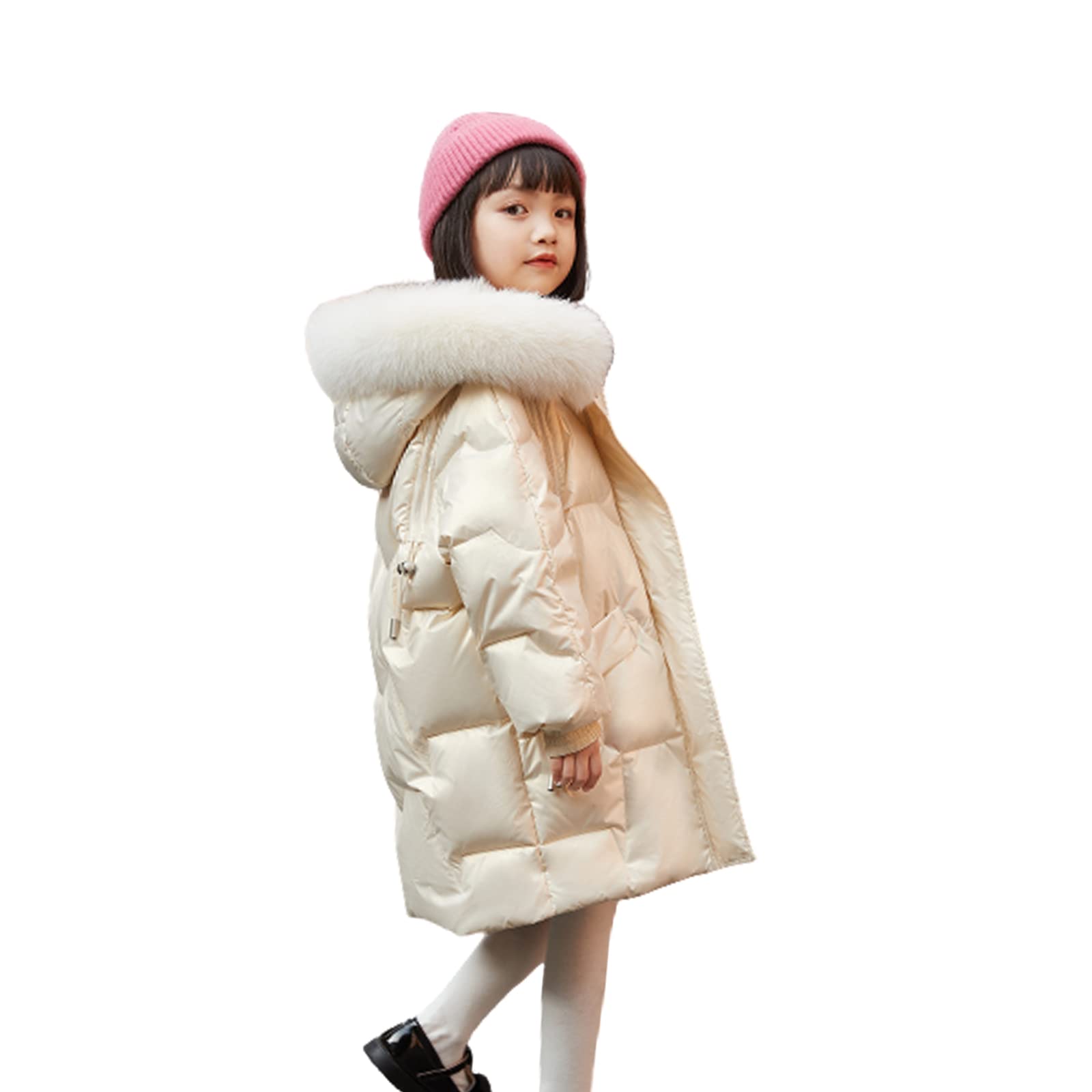 Piumino D'Anatra Bianco per Bambini Giacca Invernale con Cappuccio Ispessita per Ragazze di Media Lunghezza,Beige,19(160CM)