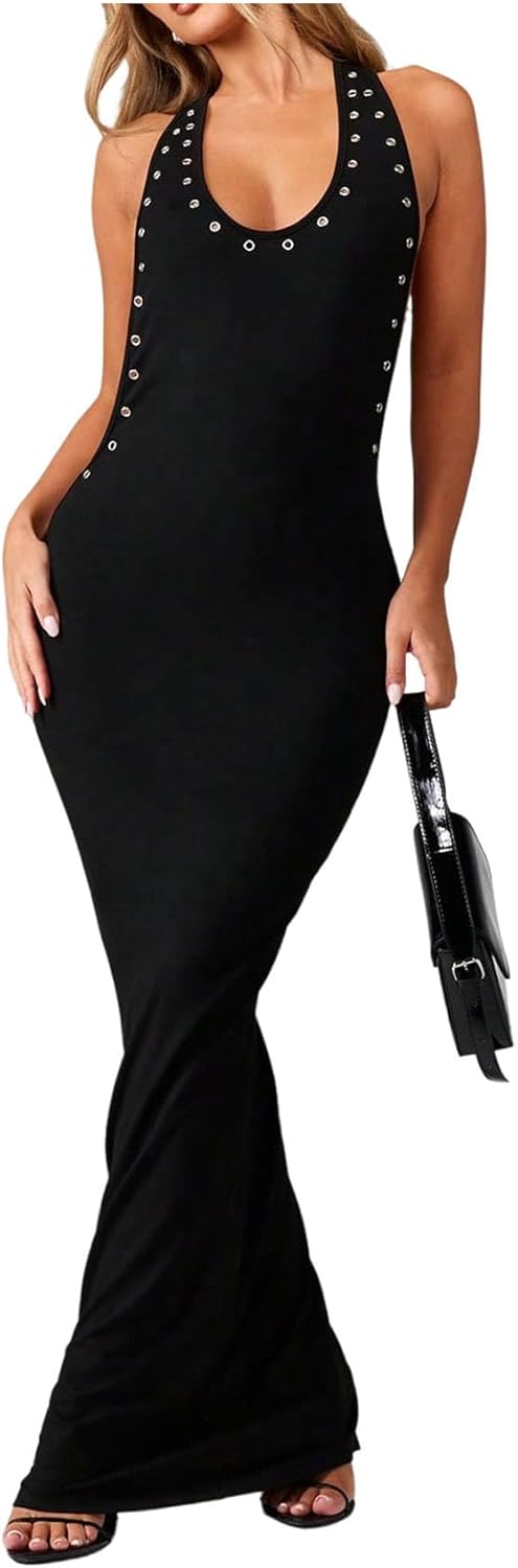 Verdusa Women's Grommet Eyelet Wedding Guest Dress Summer Sleeveless Maxi Tank Dress Formal Outfits