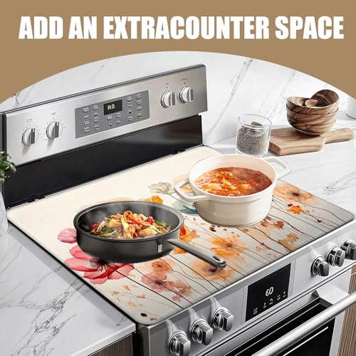 Image of Colorful Poppy Floral Stove Top Covers for Electric Stove, Electric Gas Stove Pad Heat Resistant Range Cooktop Protector for Home Decor Kitchen 28 inchx20 inch