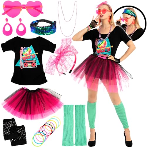 Spooktacular Creations 80s Outfit Woman Halloween Accessories Set, 80s Costumes for Woman Adults with T-Shirt Tutu Headband & Other Halloween Cosplay Accessories