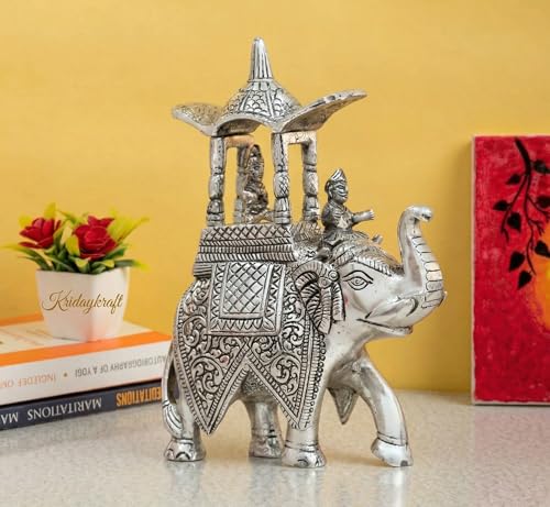 Image of KridayKraft Handcrafted Metal Elepant Kondapalli Maharaj Ambari Rajasthani Rajwadi Elephant Showpiece Statue, 24 Cm Height, 900 Gm Weight, Intricate Carvings, Silver