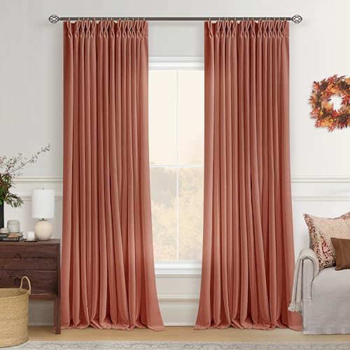 Image of Rust Pinch Pleated Semi Sheer Linen Curtains 96 Inch Long Rustic Drapes | Terracotta, Light Filtering Privacy, Bedroom Living Room, Faux Linen Textured, Hook Rings Memory Shape, Farmhouse Cottage