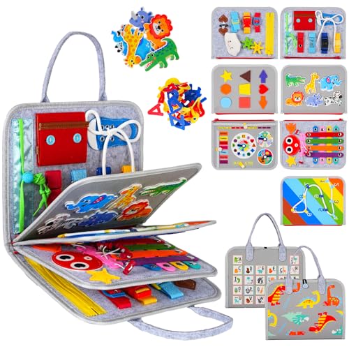 GiggleCraft Montessori Busy Board for Toddlers Sensory Busy Book with Buckles Zippers Letters Animals Toddler Activities Fine Motor Skills Development Learning for Boys Girls Travel Activity