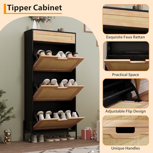 Image of Natural Rattan Shoe Cabinet with 3 Flip Doors and Drawer, Freestanding Shoe Storage Organizer with Adjustable Shelves for Entryway Hallway,Black Oak Color