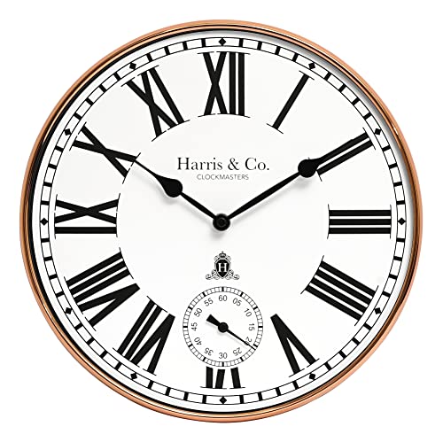 HARRIS & CO. CLOCKMASTERS Orologio da parete analogico in metallo di alta qualità con quadrante sub-secondi (30,5 cm) (oro rosa, con vetro curvo HD trasparente) (tecnologia Silent Sweep Movement)
