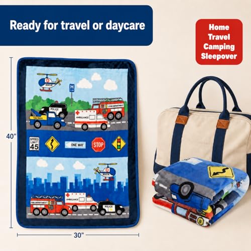 Image of EVERYDAY KIDS Toddler Throw Blanket - 30 inch by 40 inch - Fire and Police Rescue - Super Soft, Plush, Warm and Comfortable