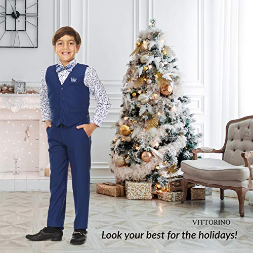 Image of Vittorino Boys 4 Piece Suit Set with Vest, Dress Shirt, Bow Tie, Pants & Pocket Square | Big & Little Kids Formal Apparel