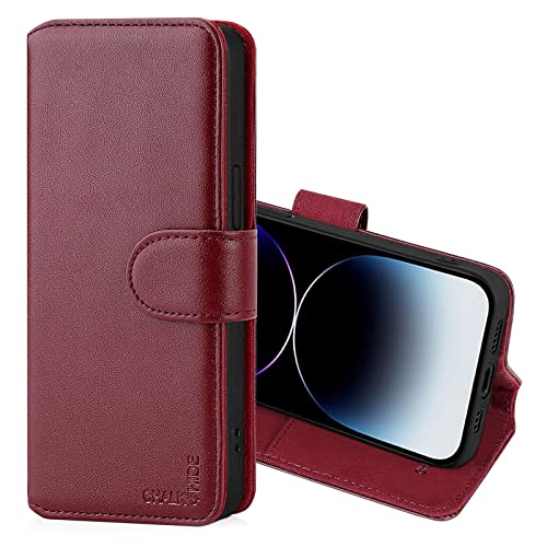 CHALK & HIDE - Real Leather Book Wallet Flip Case Cover For Apple iPhone 14 Pro Max (6.7"), Real Leather Design With Card Slot, Magnetic Closure and Built In Stand - Burgundy