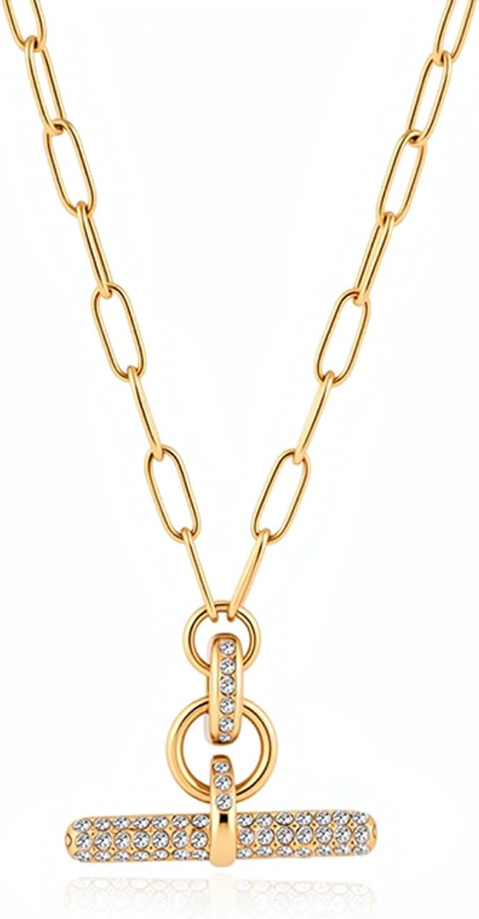 Jeulia 14K Gold Plated Necklaces for Women, Dainty Paperclip Chain Choker T-Bar Layered Stackable Gold Necklace Jewelry Gifts