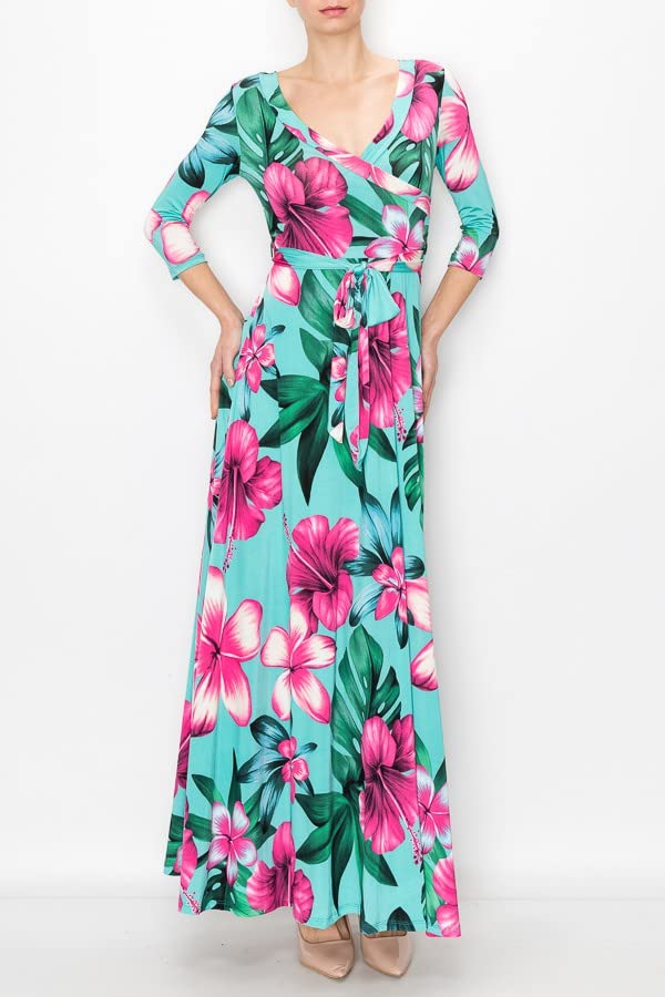 Image of Women's 3 /4 Sleeve V-Neck Printed Maxi Faux Wrap Dress Navy Fuchsia L