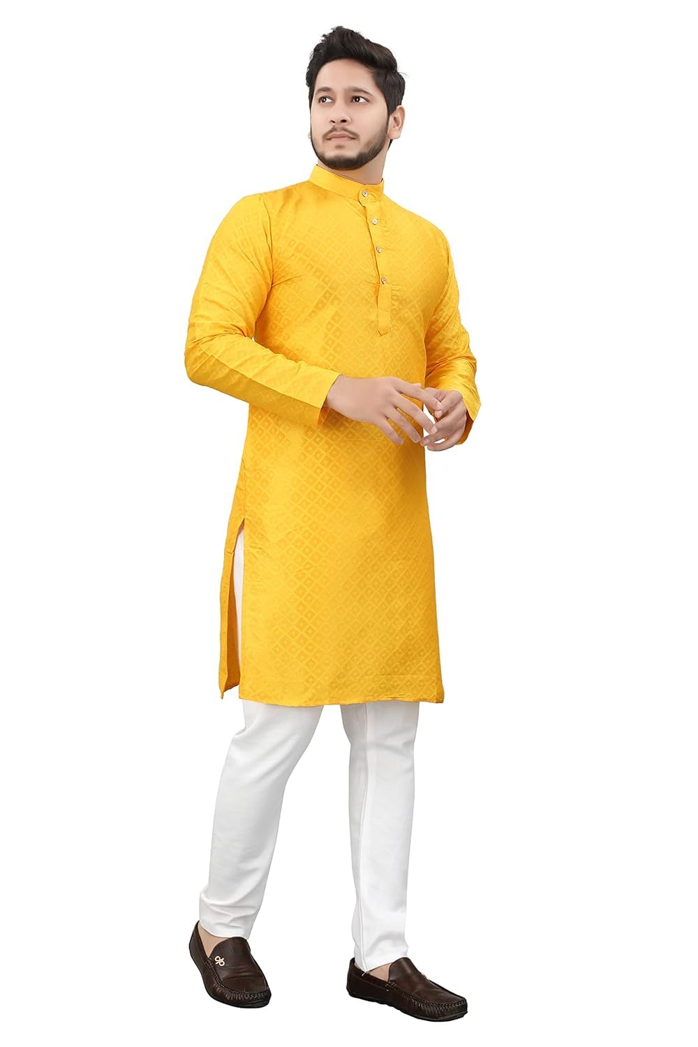Men's Traditional Cotton Blend Kurta, Diamond Pattern, Mandarin Collar, Full Sleeve, Knee Length-image-32