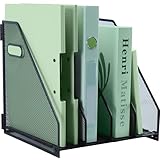IOUGDSEC Soporte de metal para archivador de escritorio con 4 compartimentos verticales, soporte para documentos A4 con asa, estante de archivos de escritorio duradero de malla para oficina, escuela y