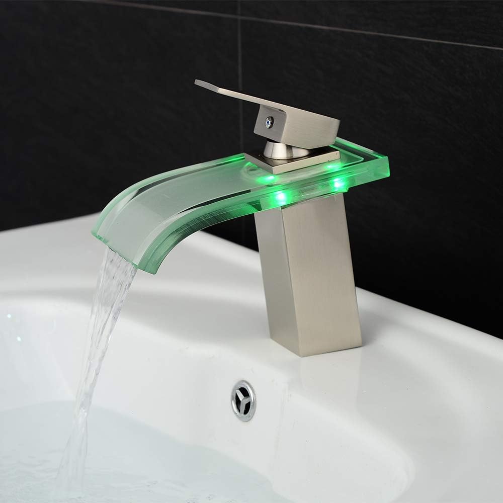 Black Friday - 60% OFF Wovier LED Brushed Nickel Glass Spout Waterfall Bathroom Sink Faucet with Supply Hose,Single Handle Single Hole Lavatory Faucet,Slanted Body Basin Mixer Taps Tall Body Commercial