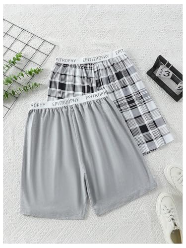 SweatyRocks Men's 2 Pack Pajama Bottoms Plaid Letter Print Elastic Waist Straight Leg Lounge Shorts2