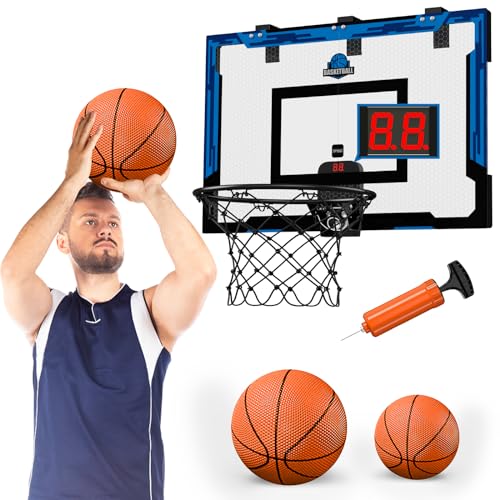HYES 24'' x 16'' Canestro Basket da Camera, Cestino da Basket per Bambini Adulto, Set da Basket per Interni ed Esterni, con Pompe, 3 Palla, Indicatore del Punteggio, Giocattoli per Uomini e Ragazzi
