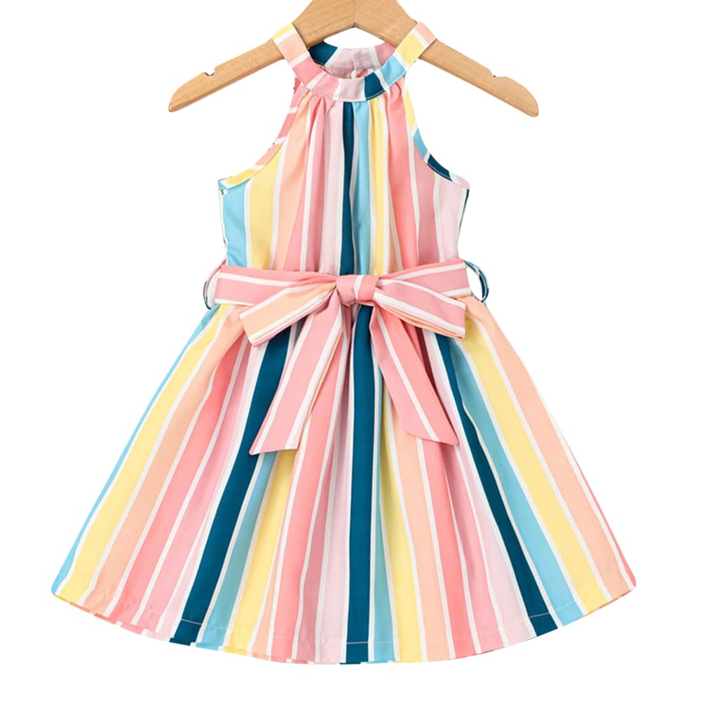 Hopscotch Girls Polyester Cotton Stripe Print Casual Dress in Multi Color