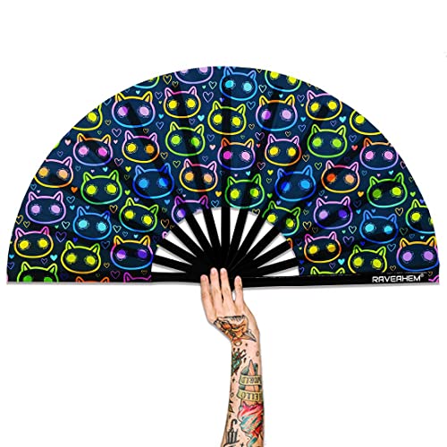 Raveahem UV Glow Rave Fan, Bamboo Folding Clack Hand Fan for Men Women (Cute Cat, Large 13