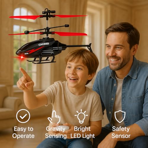 Image of Gravity Sensor Helicopter Toy for Boys with Safety Sensor, Indoor Palm Sensing, Rechargeable with LED Lights I Pack of 1 | For Kid (Black Red)