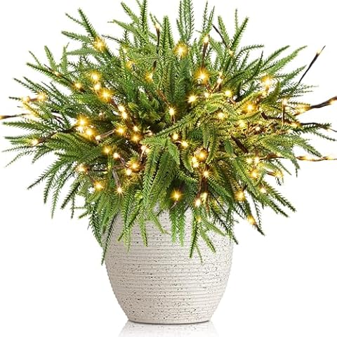 Duraaamo 15 Pcs Christmas Norfolk Pine Branches with Branch Lights Set 23.6" Artificial Xmas Norfolk Branches USB Plug Lighted Branches Norfolk Pine Stems for DIY Craft Vase Indoor Outdoor Home Decor Cover